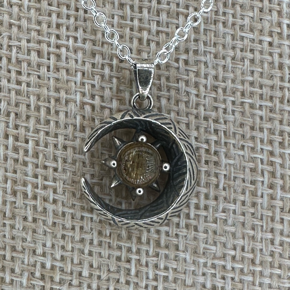 Rutilated Quartz and Silver Moon and Star Pendant Necklace on Box Chain - Picture 4 of 16